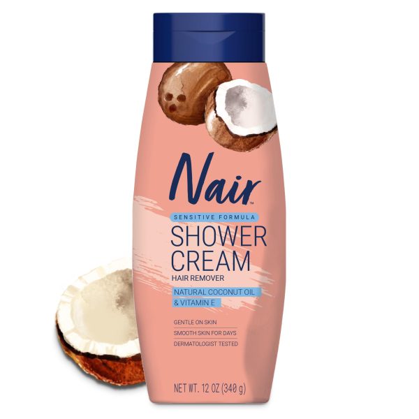 Nair Sensitive Shower Cream Hair Remover with Natural Coconut Oil and Vitamin E, Body Hair Removal Cream, 12 oz