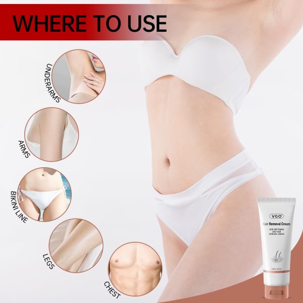 VGO Painless Hair Removal Cream for Women & Men, Hair removal cream for body, back & legs, All Skin Types, 4.06oz w/Spatula - Image 3