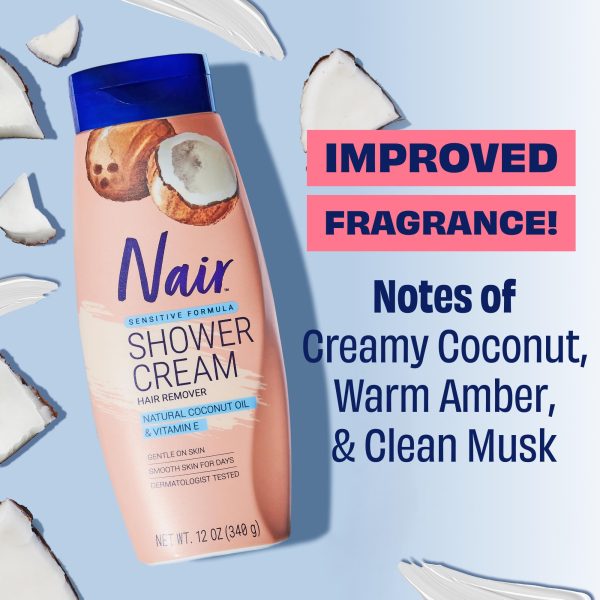 Nair Sensitive Shower Cream Hair Remover with Natural Coconut Oil and Vitamin E, Body Hair Removal Cream, 12 oz - Image 10